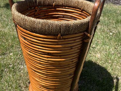 Vintage Boho Rattan Floor Basket Umbrella Stand Planter