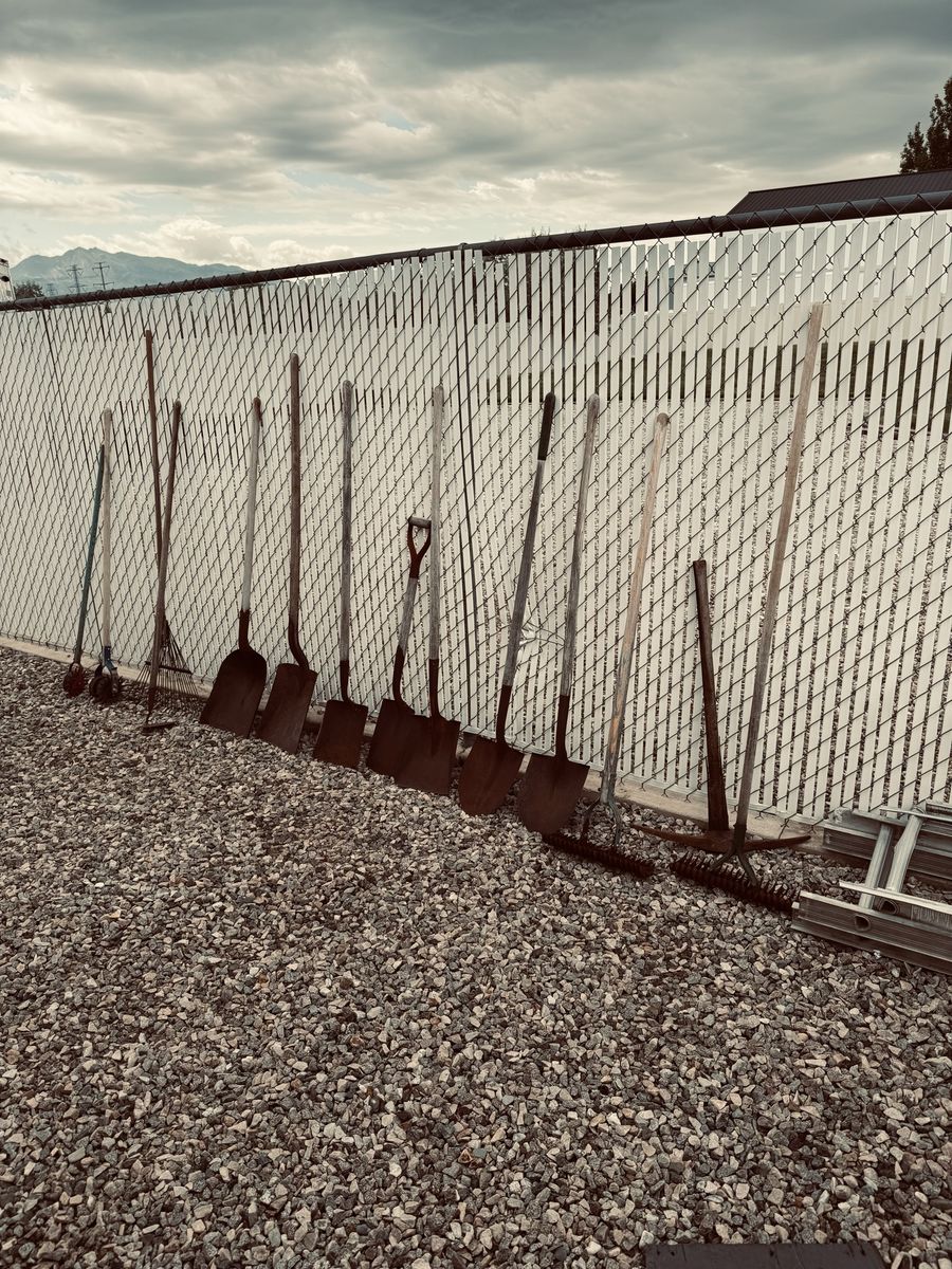 Assorted Garden Tools - Shovels, Rakes, Brooms (Used)