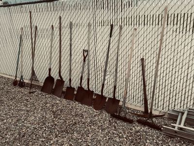 Assorted Garden Tools - Shovels, Rakes, Brooms (Used)