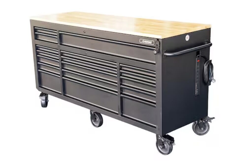 Husky 72 in. W x 24 in. D Heavy Duty 18-Drawer Mobile Workbench Cabinet with Adjustable-Height Hardwood Top in Matte Black