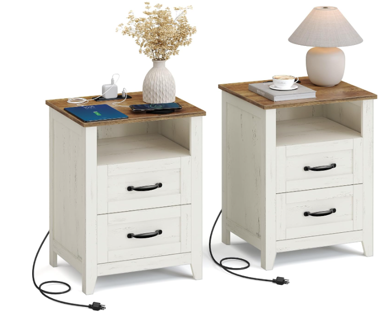 VASAGLE Set of 2 Nightstands with 2 Drawers and Charging Station