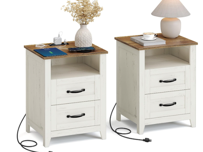 VASAGLE Set of 2 Nightstands with 2 Drawers and Charging Station
