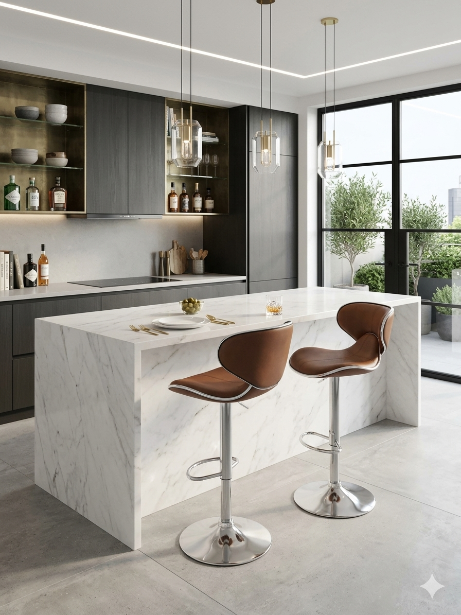 Adjustable Brown Leatherette & Chrome Swivel Bar Stools - Set of 2
