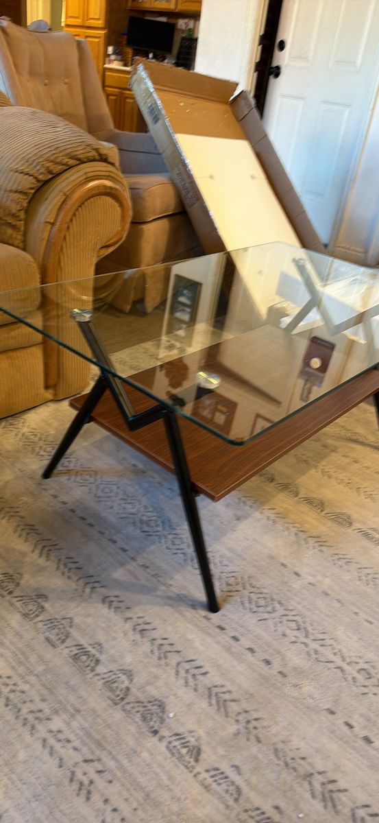 Modern Glass Coffee Table with Wood Shelf & Black Metal Legs - Stylish Living Room Furniture