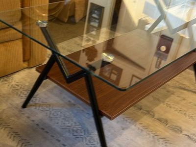 Modern Glass Coffee Table with Wood Shelf & Black Metal Legs - Stylish Living Room Furniture