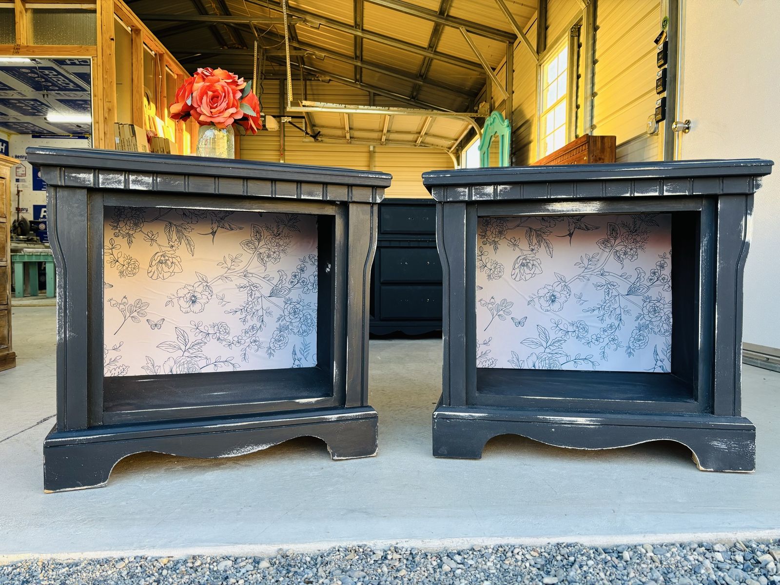 Distressed Black Farmhouse Style End Tables / Nightstands with Floral Backing - Set of 2