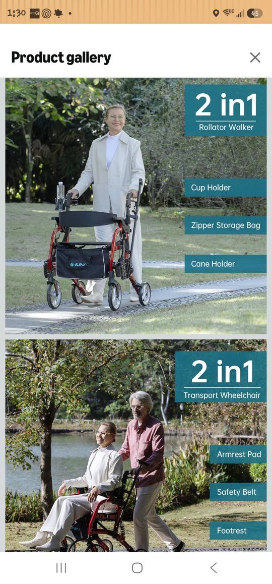 Elenker 2-in-1 Rollator Walker & Transport Wheelchair - Purple