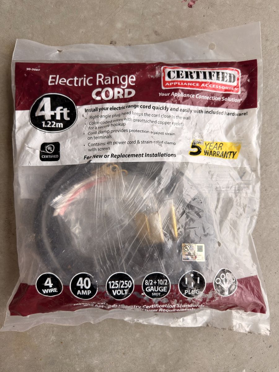 Certified Appliance Accessories 4ft 4-Wire 40 Amp 125/250V Electric Range Cord 8/2+10/2 Gauge