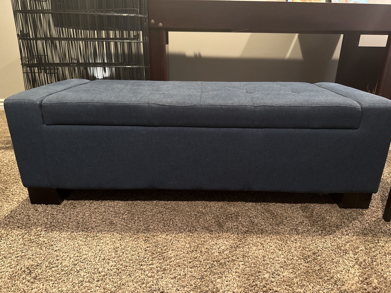 Navy Blue Fabric Storage Ottoman Bench Footrest - Tufted Top