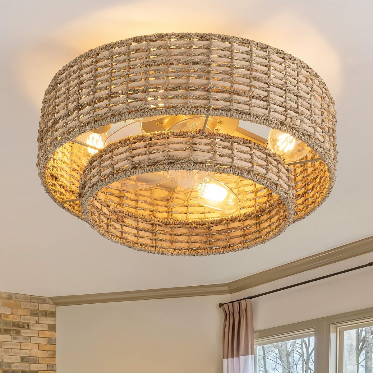 New Boho Caged Ceiling Fans with Lights Flush Mount, Layered Rattan Ceiling Fan & Light w/ Remote