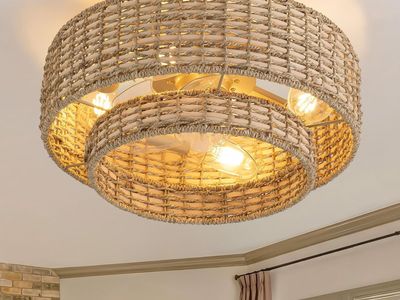 New Boho Caged Ceiling Fans with Lights Flush Mount, Layered Rattan Ceiling Fan & Light w/ Remote