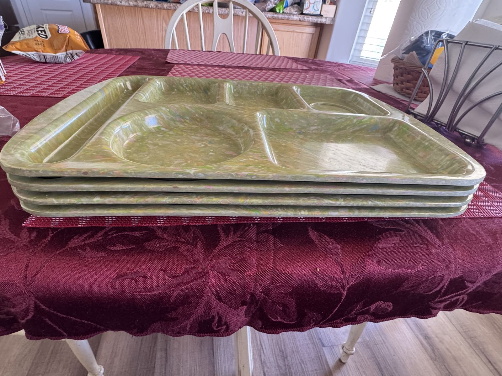 Vintage Melamine Divided Cafeteria Tray Set of 4 Retro Green Speckled
