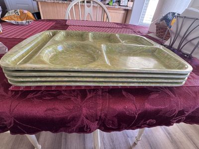 Vintage Melamine Divided Cafeteria Tray Set of 4 Retro Green Speckled