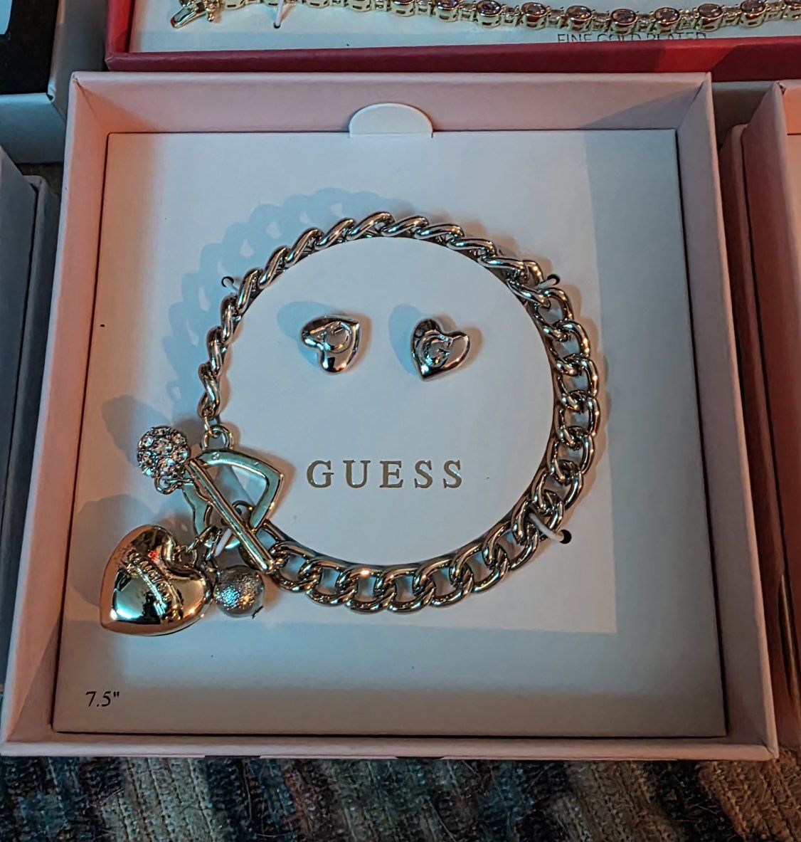 Guess Silver-Tone Heart Charm Bracelet and Earrings Boxed Set 7.5"