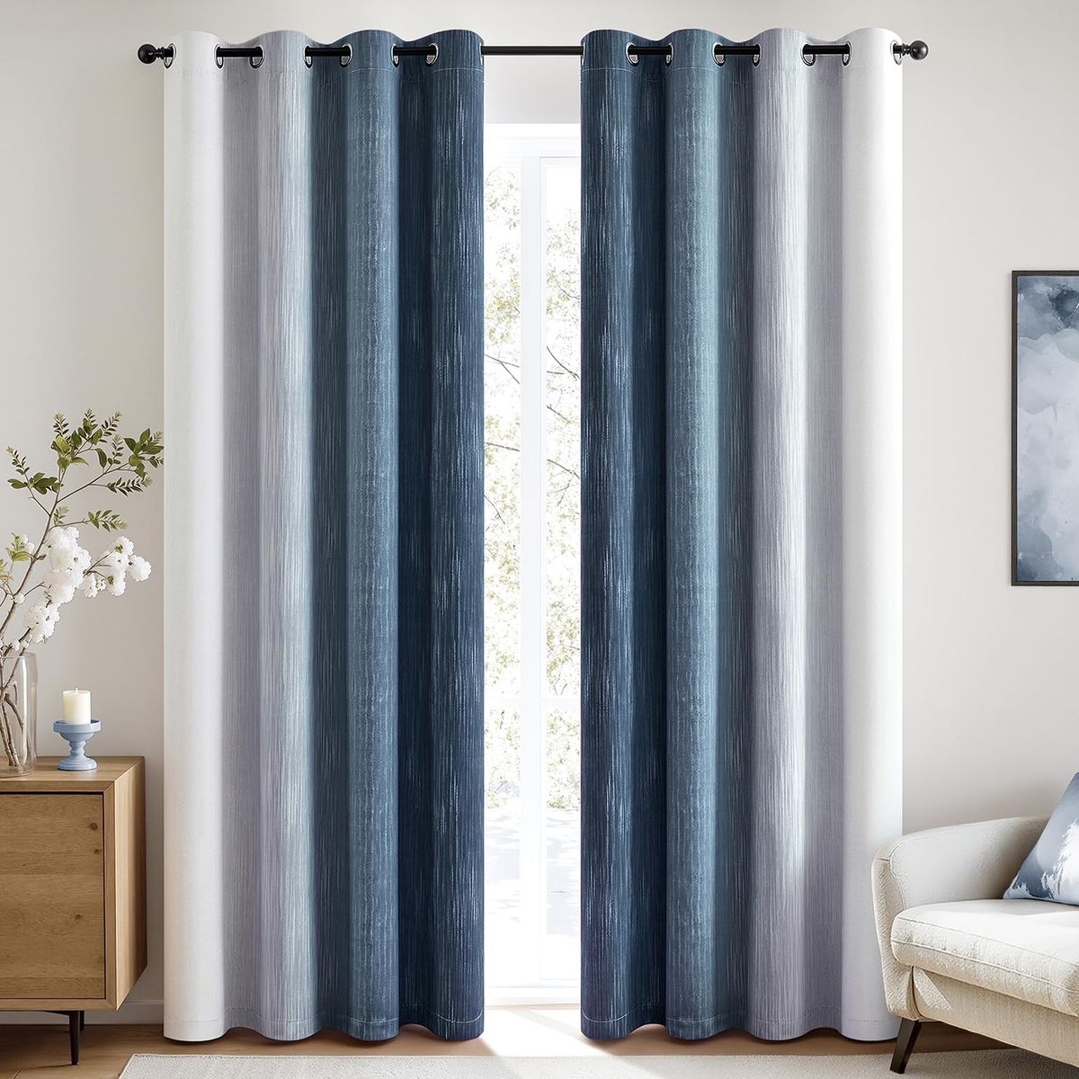 MIULEE Ombre 100% Blackout Curtains, Navy Blue and Greyish White Full Room Darkening Thermal Insulated 96 Inches Long Drapes 