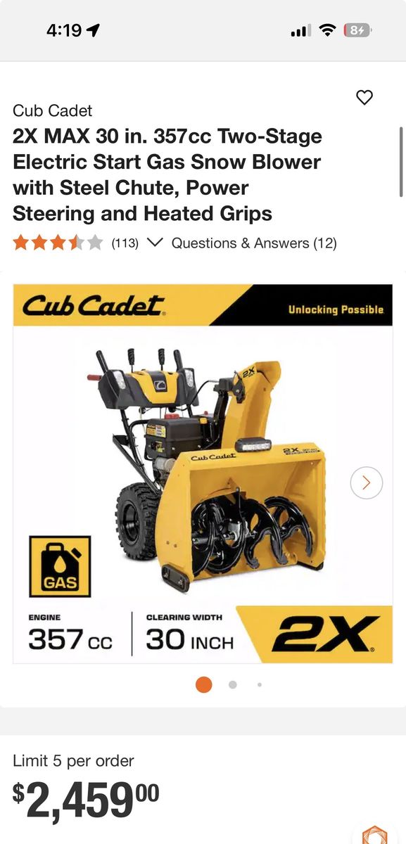 Cub Cadet EFI 2 stage Snow Blower -Delivery Option