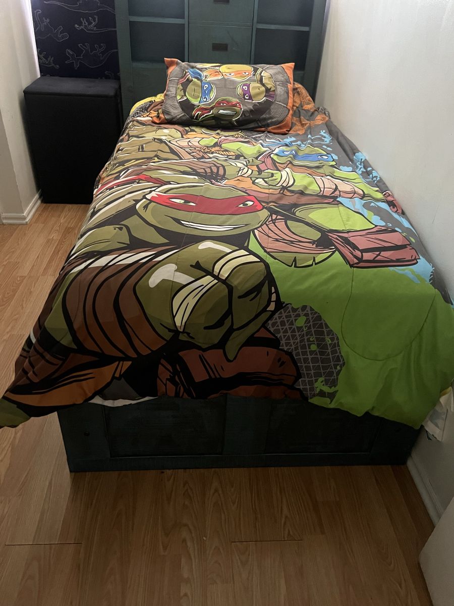 Twin Bed Frame with Storage and Bookshelf Headboard - Blue/Green Wood