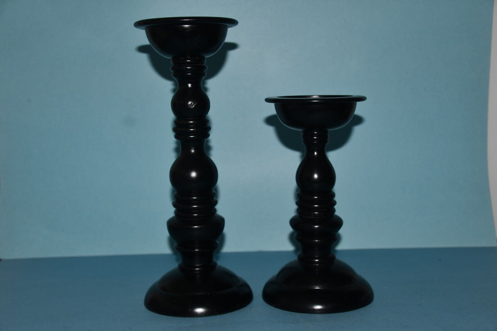 SET of 2 "WORLD MARKET" BLACK CANDLE HOLDERS ~ 9" & 12" ~ TAPER or PILLAR CANDLES ~ VERY NICE!