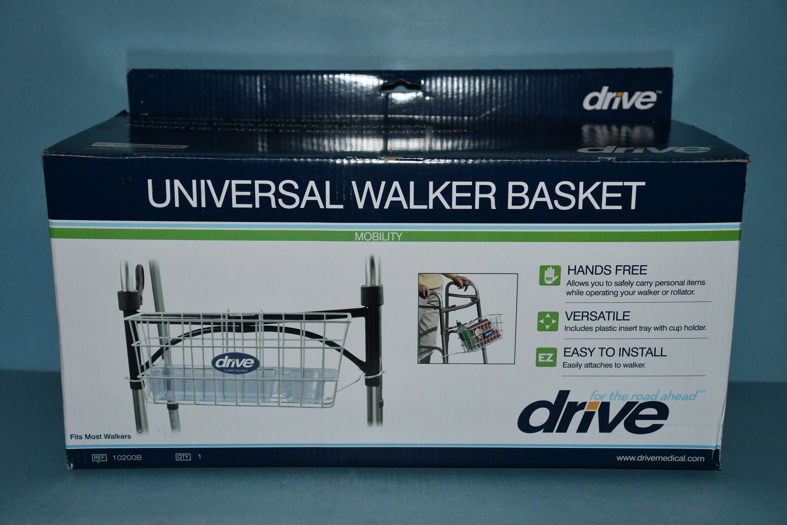 "UNIVERSAL WALKER BASKET" ~ PLASTIC INSET & CUP HOLDER ~ EASY TO INSTALL ~ FITS MOST WALKERS ~  CLEAN!