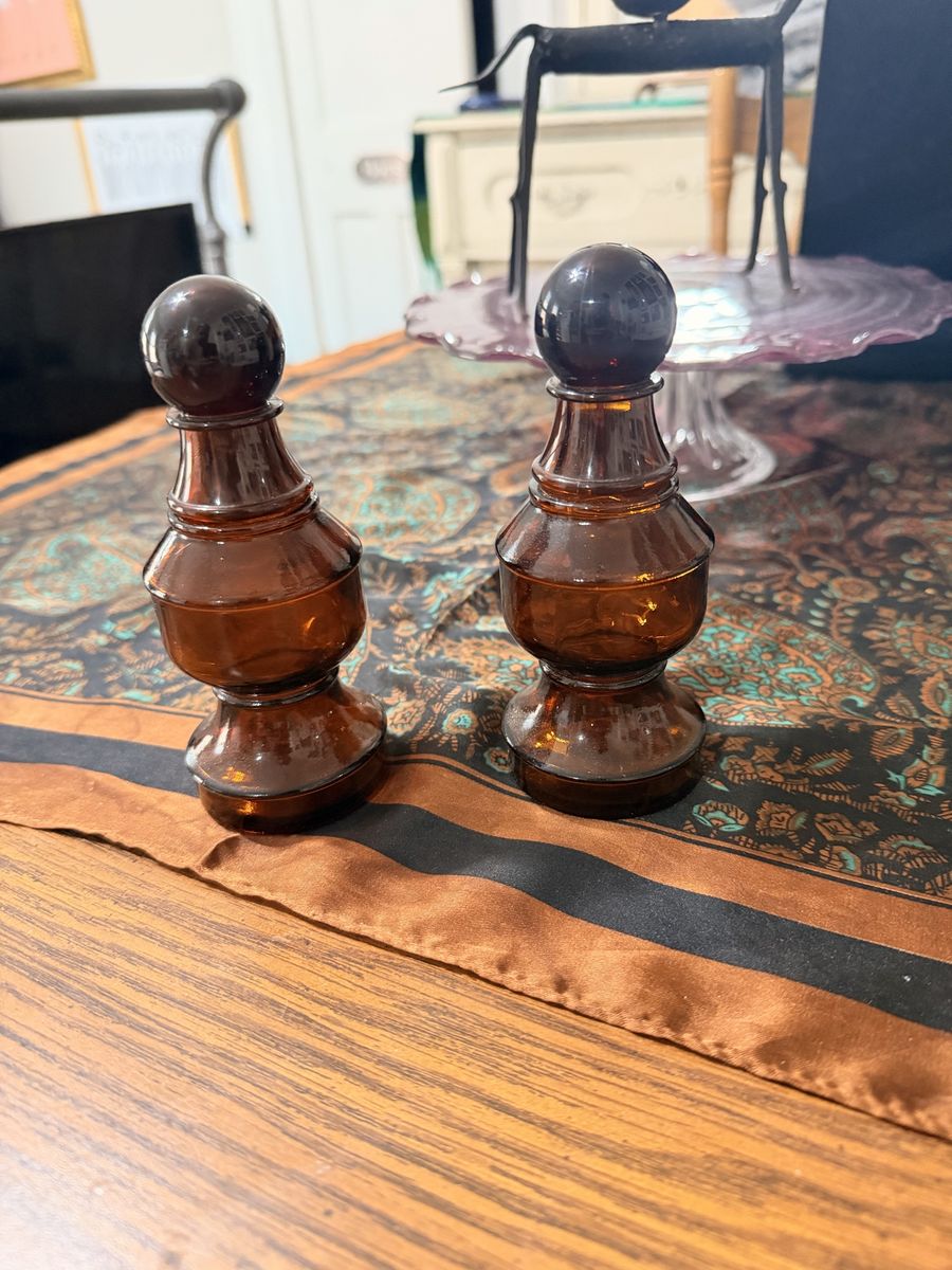 Vintage Amber Glass Apothecary Bottles with Stopper Set of 2 - Decorative Mid-Century Modern Vases