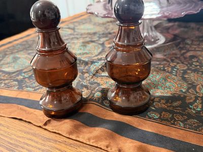 Vintage Amber Glass Apothecary Bottles with Stopper Set of 2 - Decorative Mid-Century Modern Vases