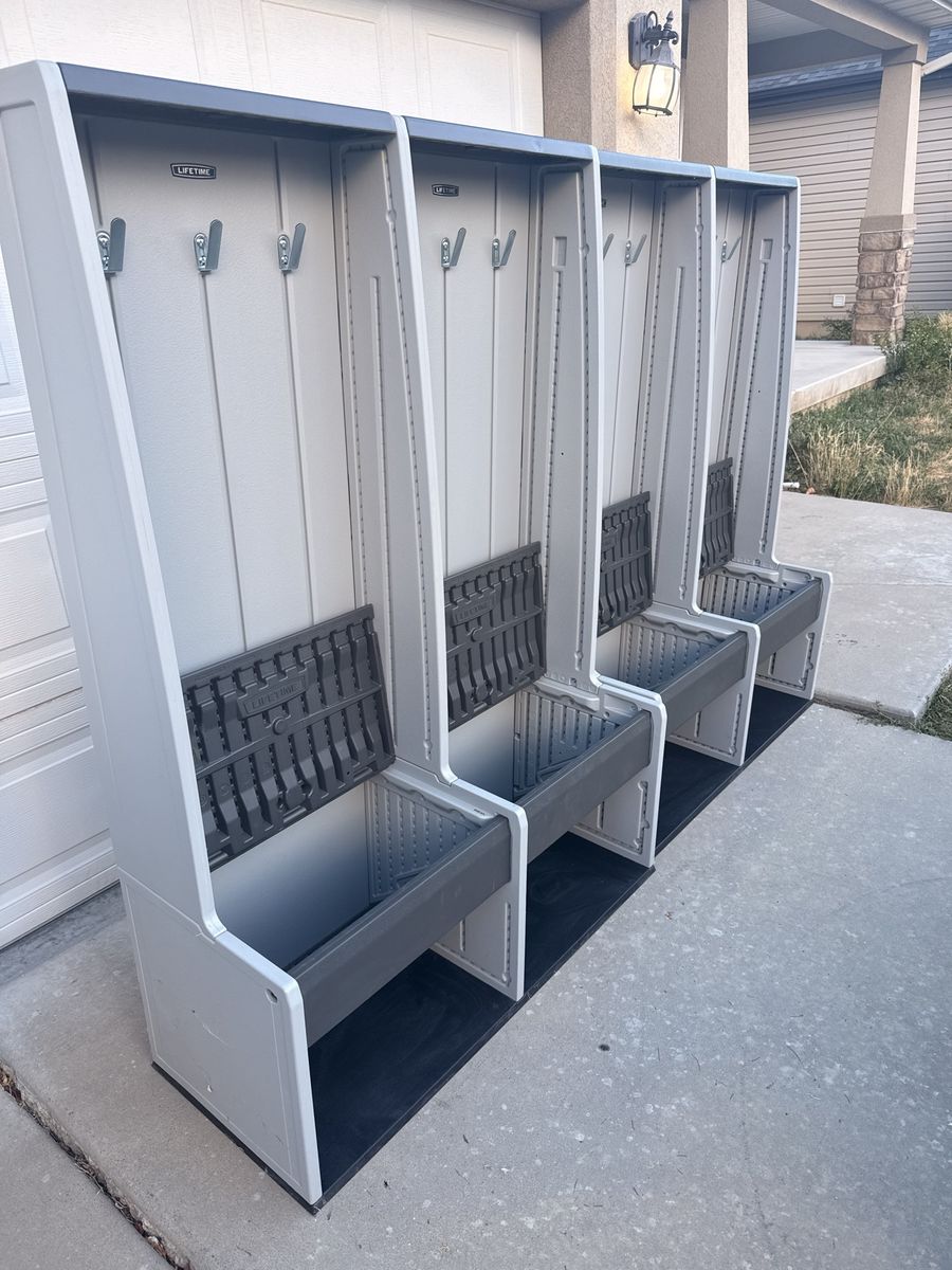 2 Lifetime Storage Lockers with Bench & Shoe Organizer – Great Condition