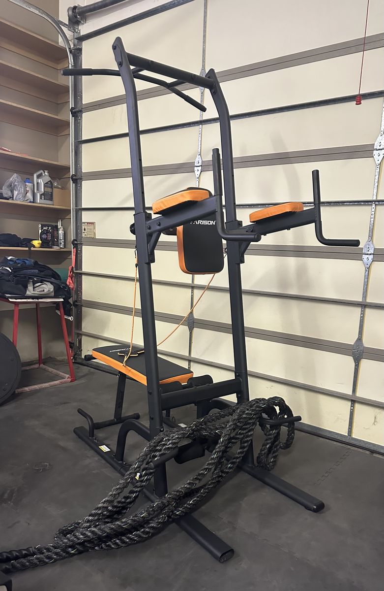 HARISON Power Tower with Foldable Bench + Heavy Duty Battle Rope Bundle