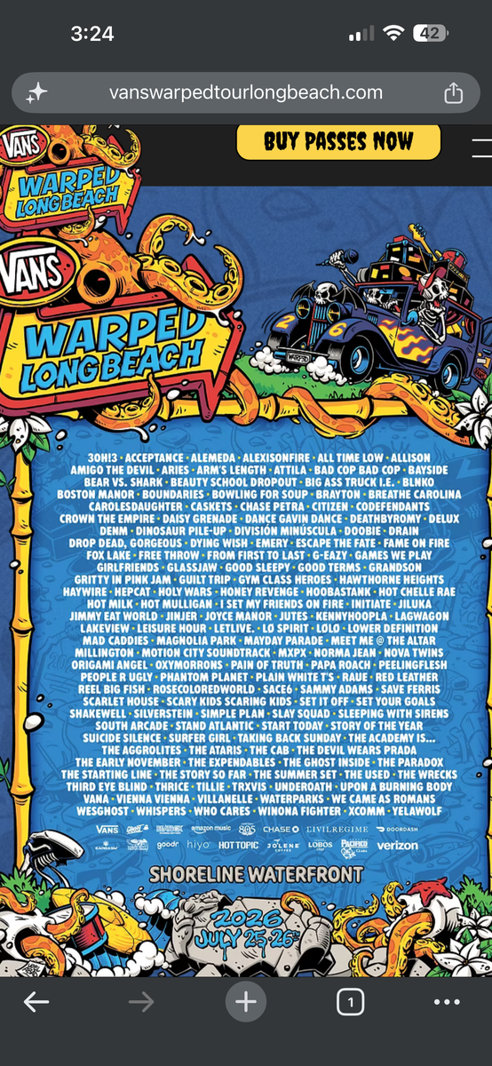 Warp tour concert tickets Long Beach, CA July 25-26