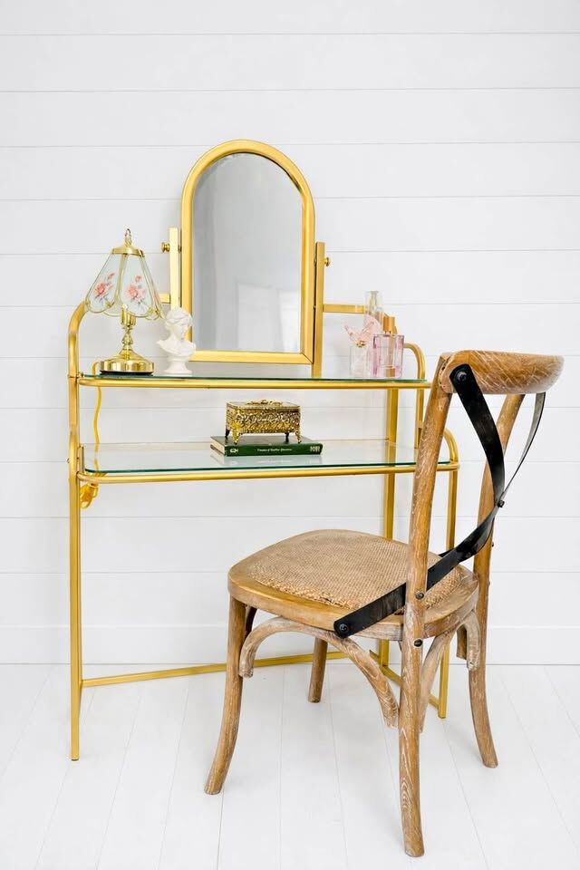 Vintage Gold Vanity Desk Mirror & Chair | Vintage Vanity Desk | Makeup Desk