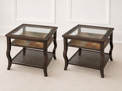 Set of 2 Square Wood & Slate End Tables with Glass Tops - 24" x 24" x 24.5"