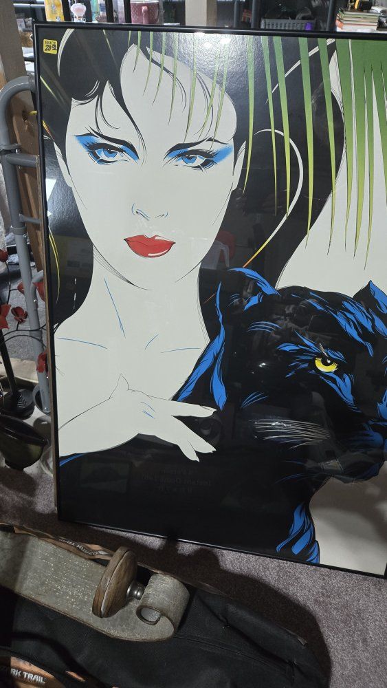 Vintage Patrick Nagel Style Panther Lady Poster Framed Art Print 20x30 Inches 80s Pop Art
