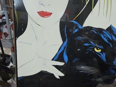 Vintage Patrick Nagel Style Panther Lady Poster Framed Art Print 20x30 Inches 80s Pop Art