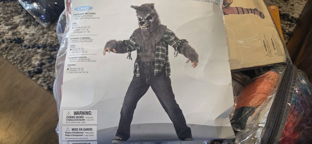 Werewolf, chicken, Michael Myers costumes, kids size 10.