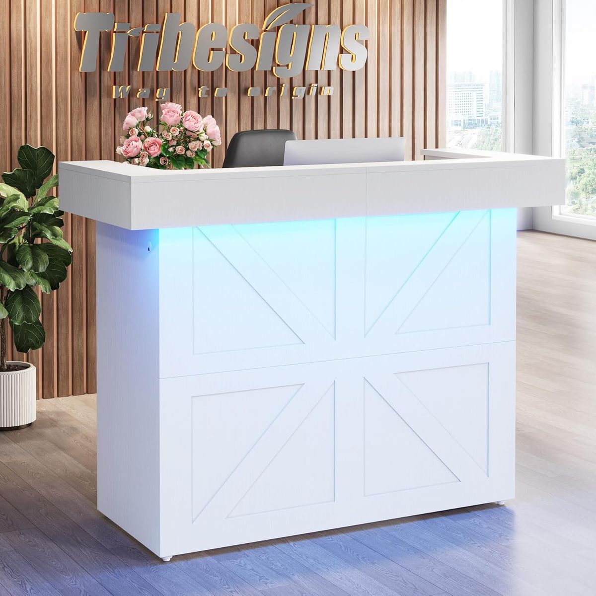 55" Front Reception Desk w/ Lockable Cabinets and Keyboard Slide-out & LED Lighting