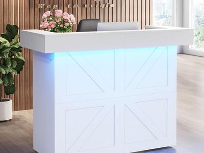 55" Front Reception Desk w/ Lockable Cabinets and Keyboard Slide-out & LED Lighting