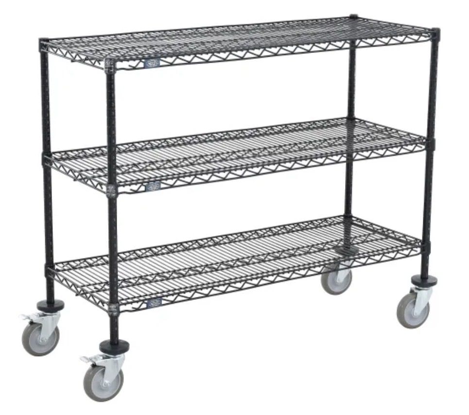 NEW Nexel®, 3 Shelf, Shelf Cart, Black Epoxy, 48"W x 18"D x 40"H, Poly Casters, 4 Swivel, 2 Brake