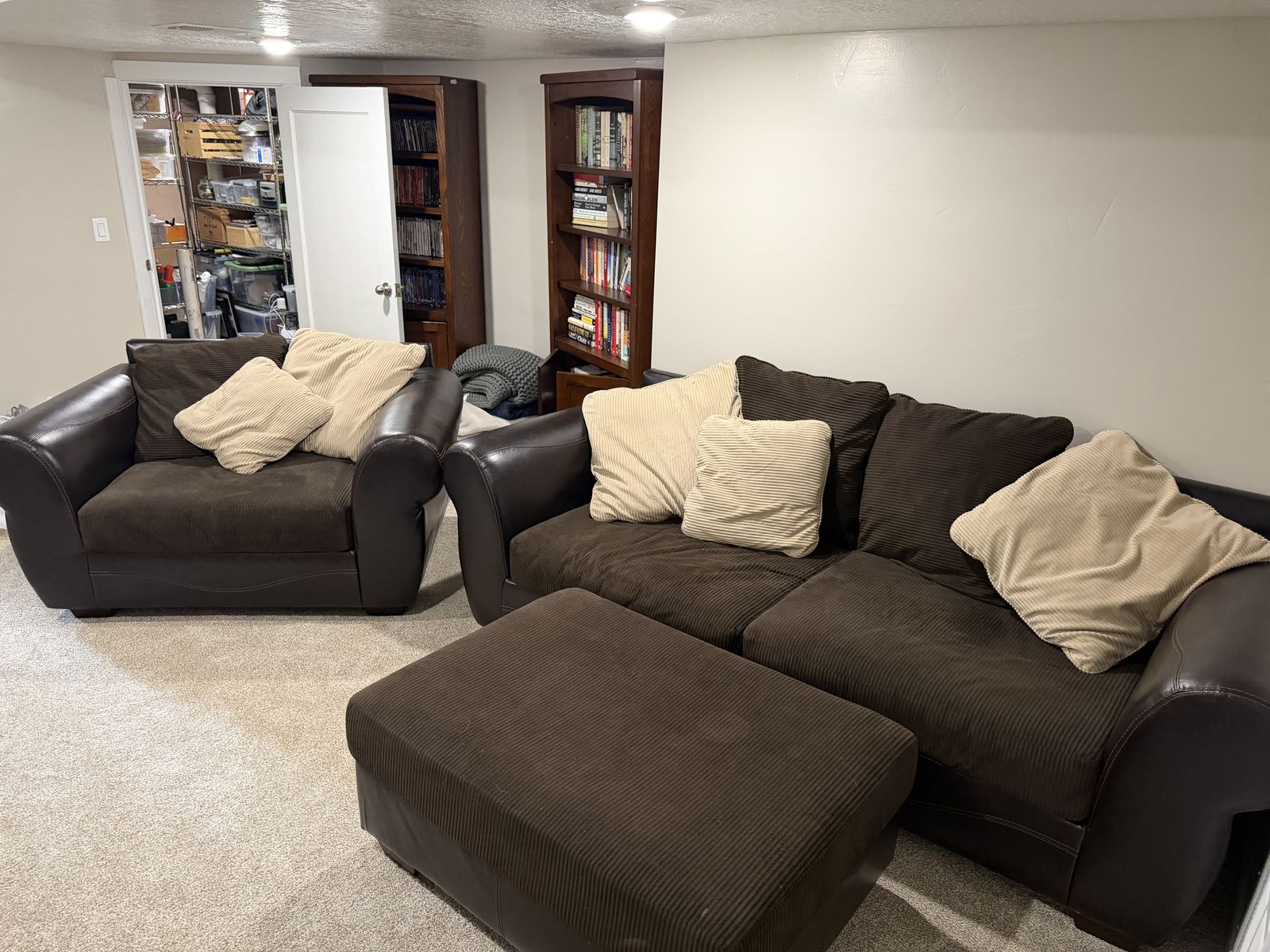 Leather and Corduroy Couch and Oversized Chair Set with Ottoman