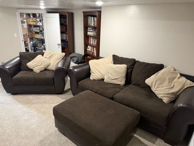 Leather and Corduroy Couch and Oversized Chair Set with Ottoman