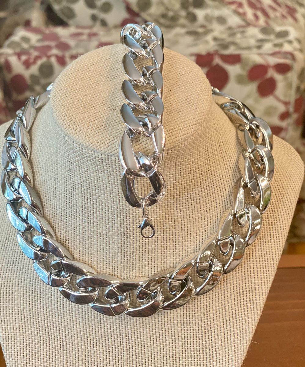 NEW! Chunky Silver Tone Curb Chain Necklace and Matching Bracelet Set- 1 Set Available In Gunmetal Tone - C PIX