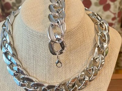 NEW! Chunky Silver Tone Curb Chain Necklace and Matching Bracelet Set- 1 Set Available In Gunmetal Tone - C PIX