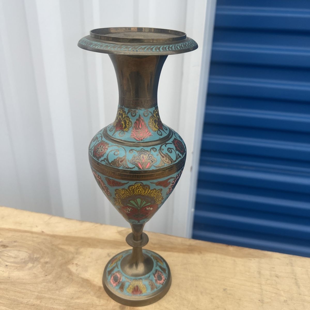 Antique Brass Flower Vase Pot Original Old Hand Crafted Engraved Inlay Painted
