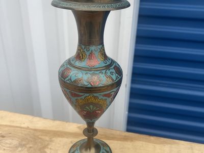 Antique Brass Flower Vase Pot Original Old Hand Crafted Engraved Inlay Painted