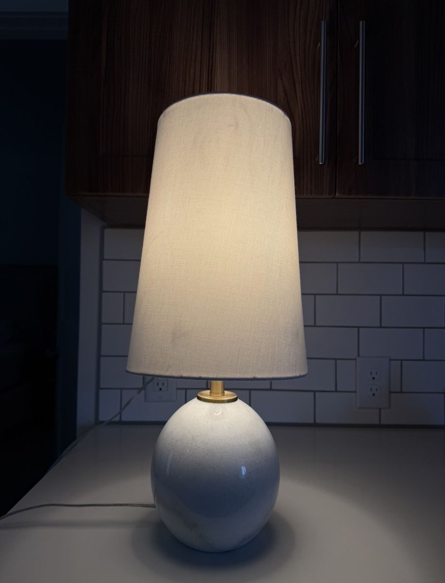 Modern Spherical Marble Table Lamp with Tall Fabric Shade