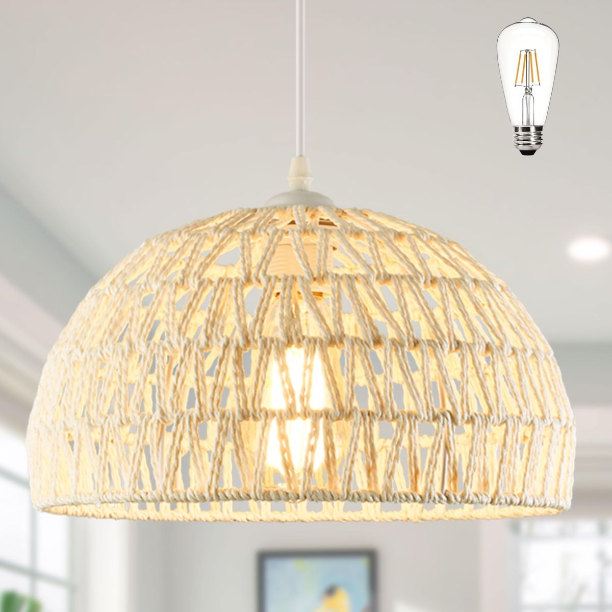 AyshwillDec Hemp Rope Woven Pendant Light Woven Light Fixture Boho Chandelier