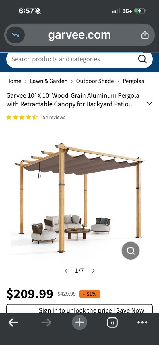 Garvee 10'x10' Wood-Grain Aluminum Pergola w/ Retractable Canopy for Patio/Backyard
