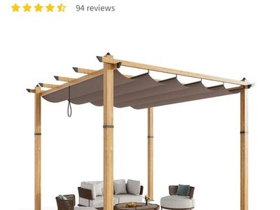 Garvee 10'x10' Wood-Grain Aluminum Pergola w/ Retractable Canopy for Patio/Backyard