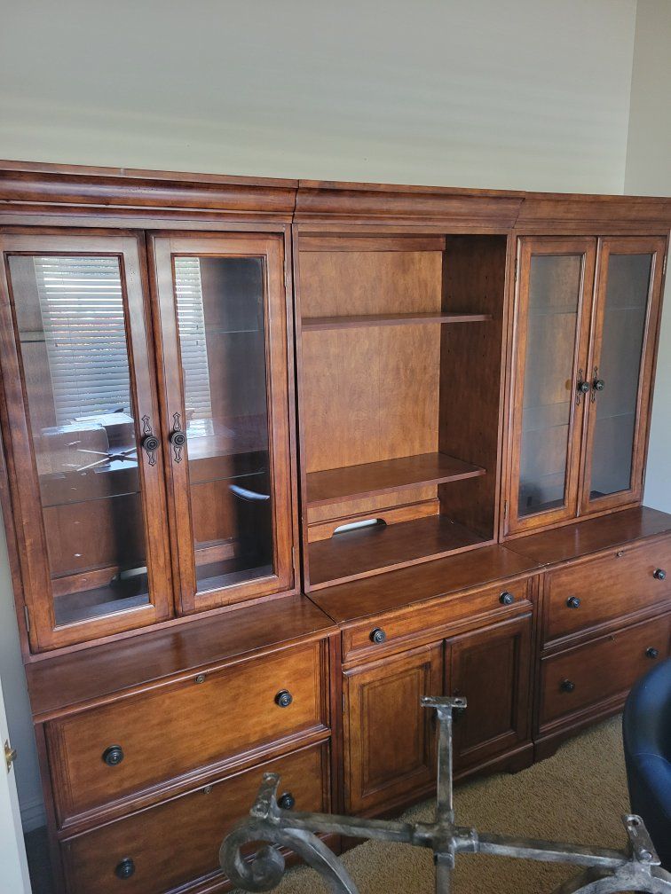 Large Wood Entertainment Center & Executive Desk Set - Glass Doors, Drawers, Storage
