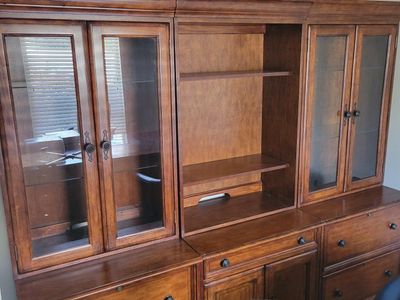 Large Wood Entertainment Center & Executive Desk Set - Glass Doors, Drawers, Storage