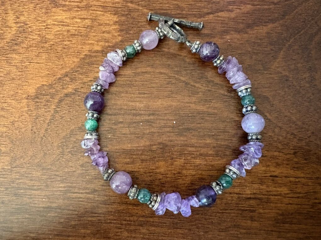 Amethyst Bracelet W/ Green Stones & Silver Toggle