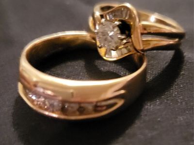 14K Gold Diamond Wedding Ring Set - Men's Size 9, Women's Size 6 - Round & Baguette Diamonds